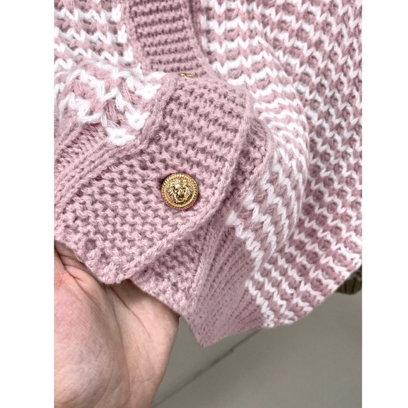 Pink White Button Down V-Neck Cardigan Long Sleeve - Picture 4 of 6